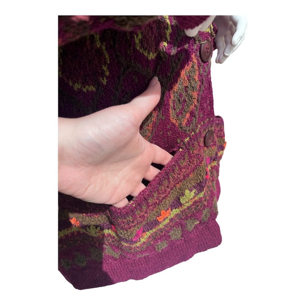VTG 1997 Hand knit Burgundy Autumn Leaf Long Cardigan Sigrid Olsen sz XL - Picture 5 of 10